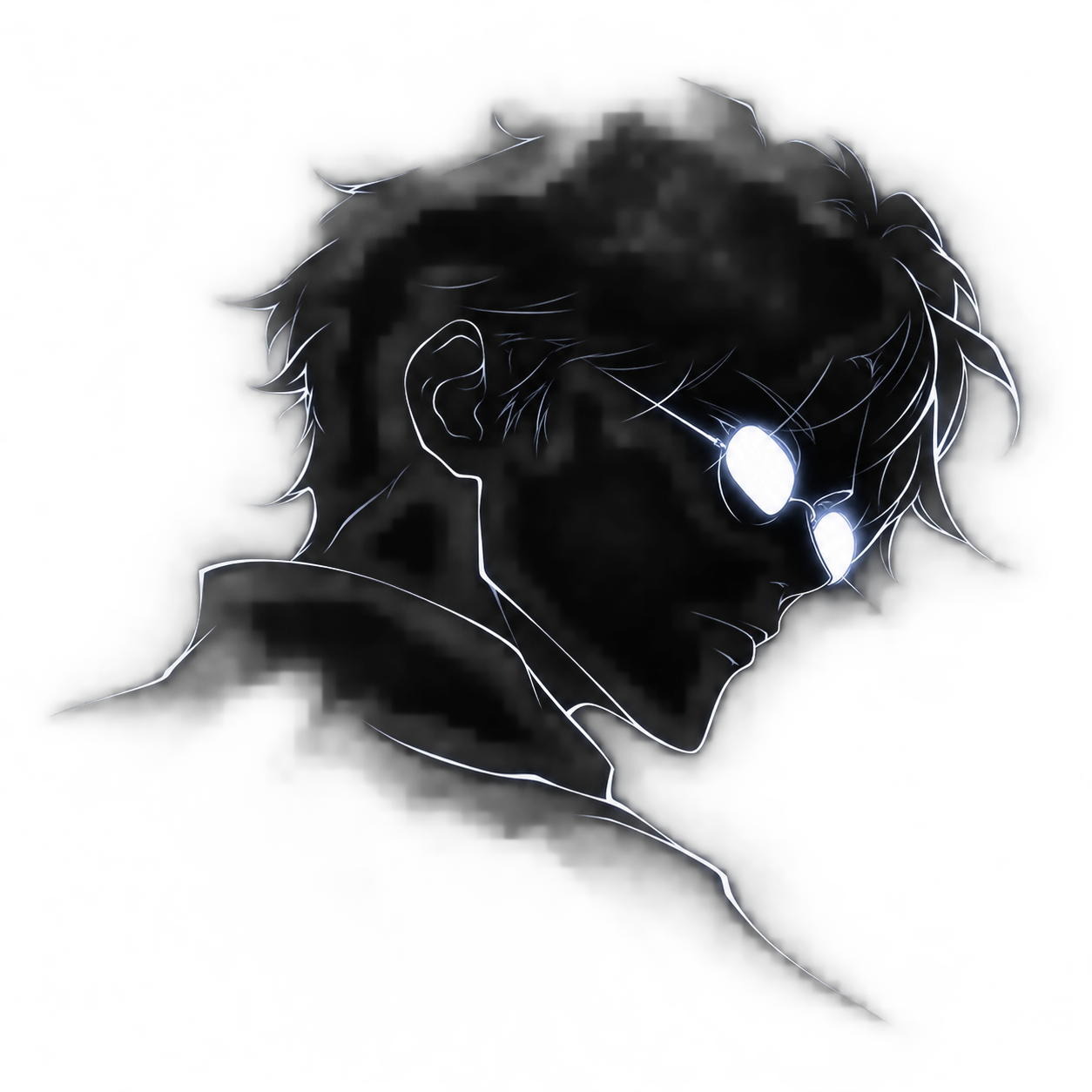 A mysterious figure emerging from darkness, wearing luminous silver glasses.